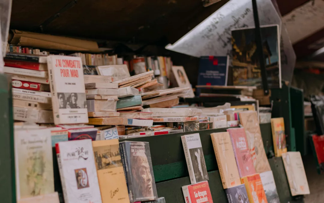 Kiosque de bouquiniste à Paris présentant des livres et magazines parisiens sur les quais de Seine.