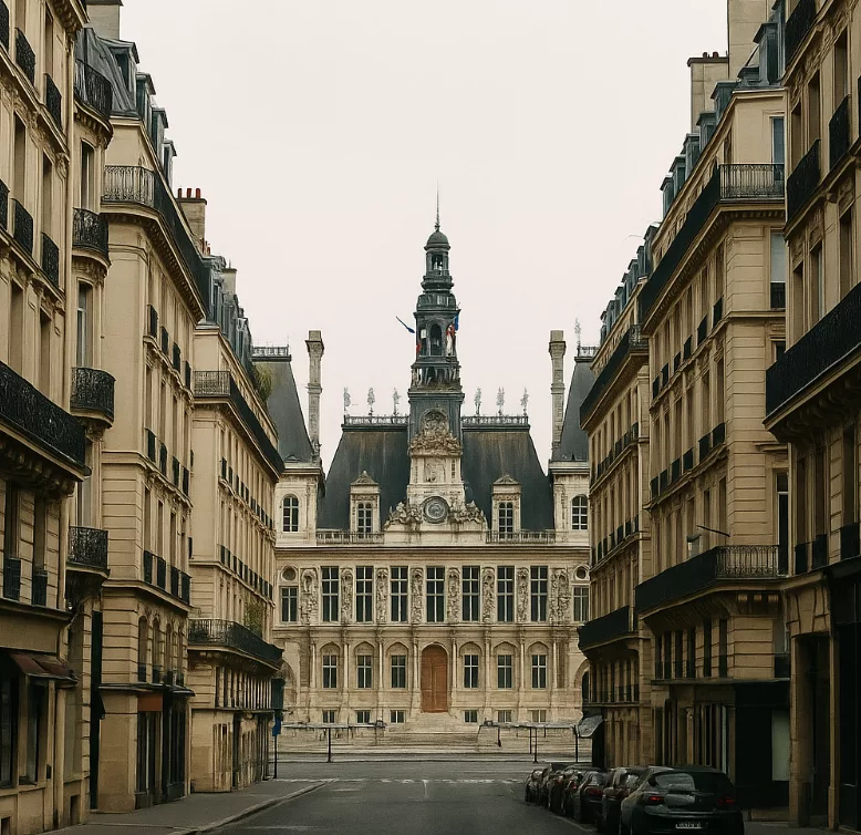 Façade monumentale de l’Hôtel de Ville de Paris vue depuis une rue encadrée d’immeubles haussmanniens, par un matin calme et lumineux.
