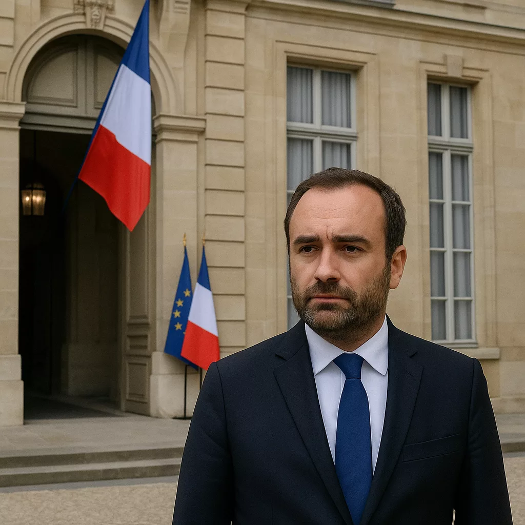 Façade nocturne de l’Hôtel de Matignon à Paris, éclairée par des projecteurs dorés, avec les drapeaux français et européen flottant devant les grilles, symbole du pouvoir exécutif.