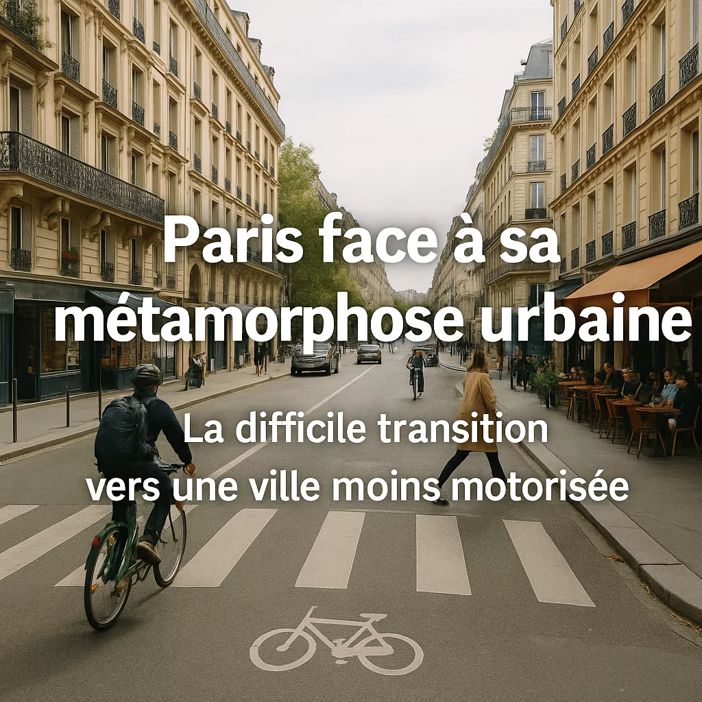 Vue d’une rue parisienne avec des immeubles haussmanniens, des cyclistes et des piétons traversant un passage, symbolisant la transition vers une ville moins motorisée.