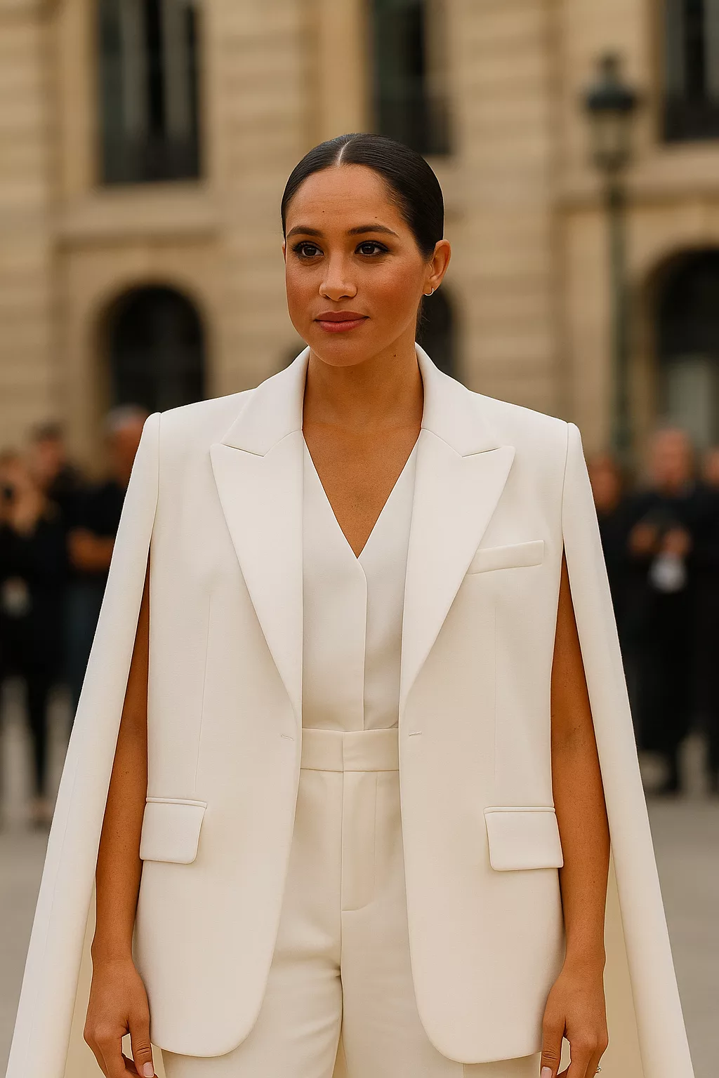 Meghan Markle lors de la Fashion Week de Paris 2025, vêtue d’un ensemble blanc élégant avec une cape fluide, posant devant un bâtiment parisien sous les flashs des photographes.