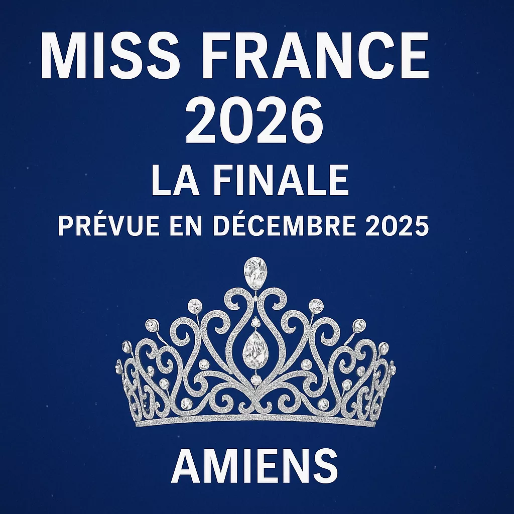 Affiche officielle de l’élection Miss France 2026, avec un fond bleu nuit, une couronne argentée étincelante et l’inscription “La finale prévue en décembre 2025 à Amiens”.