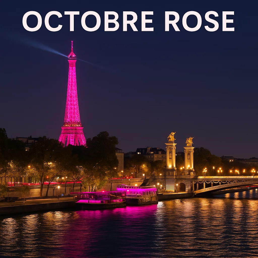 Vue nocturne de Paris illuminée en rose pour Octobre Rose, avec la Tour Eiffel et le Pont Alexandre III reflétant leurs lumières sur la Seine.