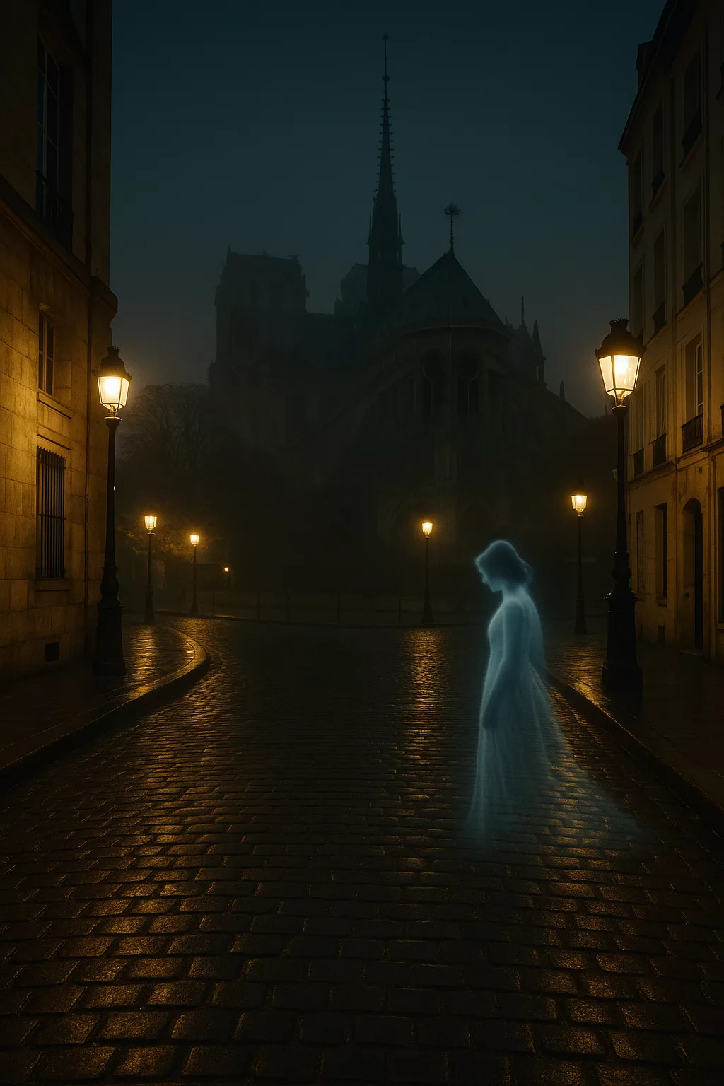 Rue pavée de Paris plongée dans la brume, éclairée par des lampadaires anciens, avec une silhouette fantomatique bleutée près de Notre-Dame.