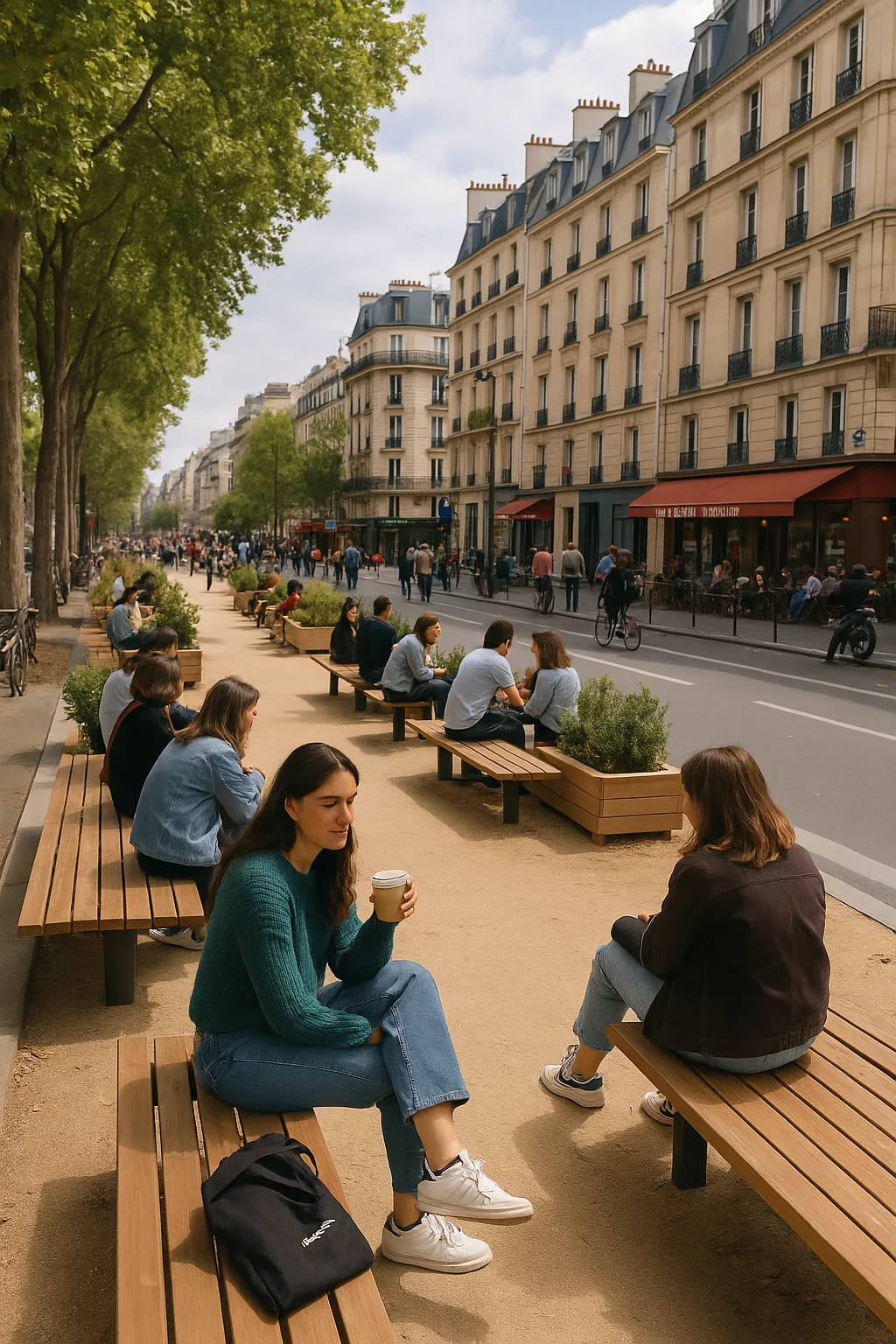 Rue piétonne animée à Paris avec des passants assis sur des bancs modernes, des terrasses de cafés et des immeubles haussmanniens bordés d’arbres.