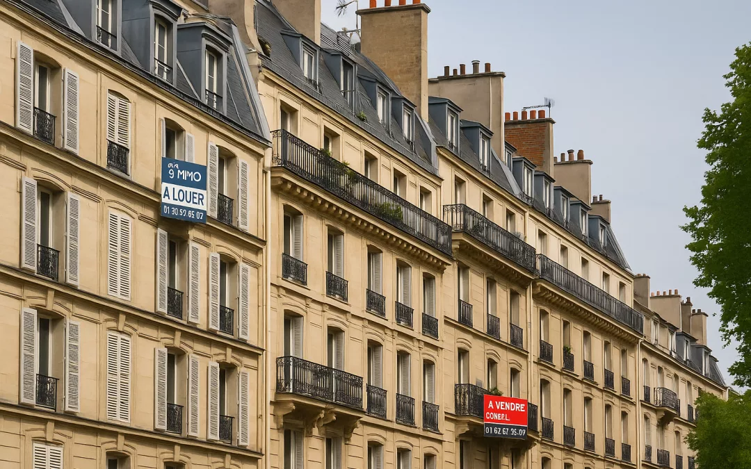 Façades haussmanniennes à Paris avec des panneaux « À louer » et « À vendre », symbolisant la crise du logement et la tension immobilière dans la capitale.