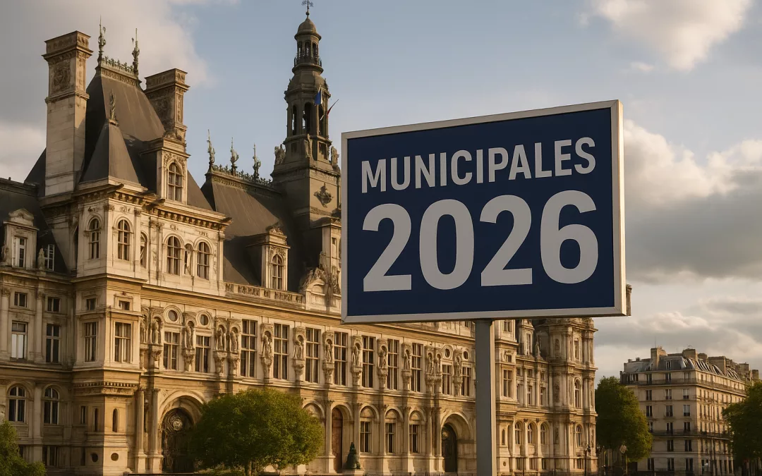 Vue réaliste du parvis de l’Hôtel de Ville de Paris avec un panneau « Municipales 2026 », sous une lumière dorée de fin d’après-midi.