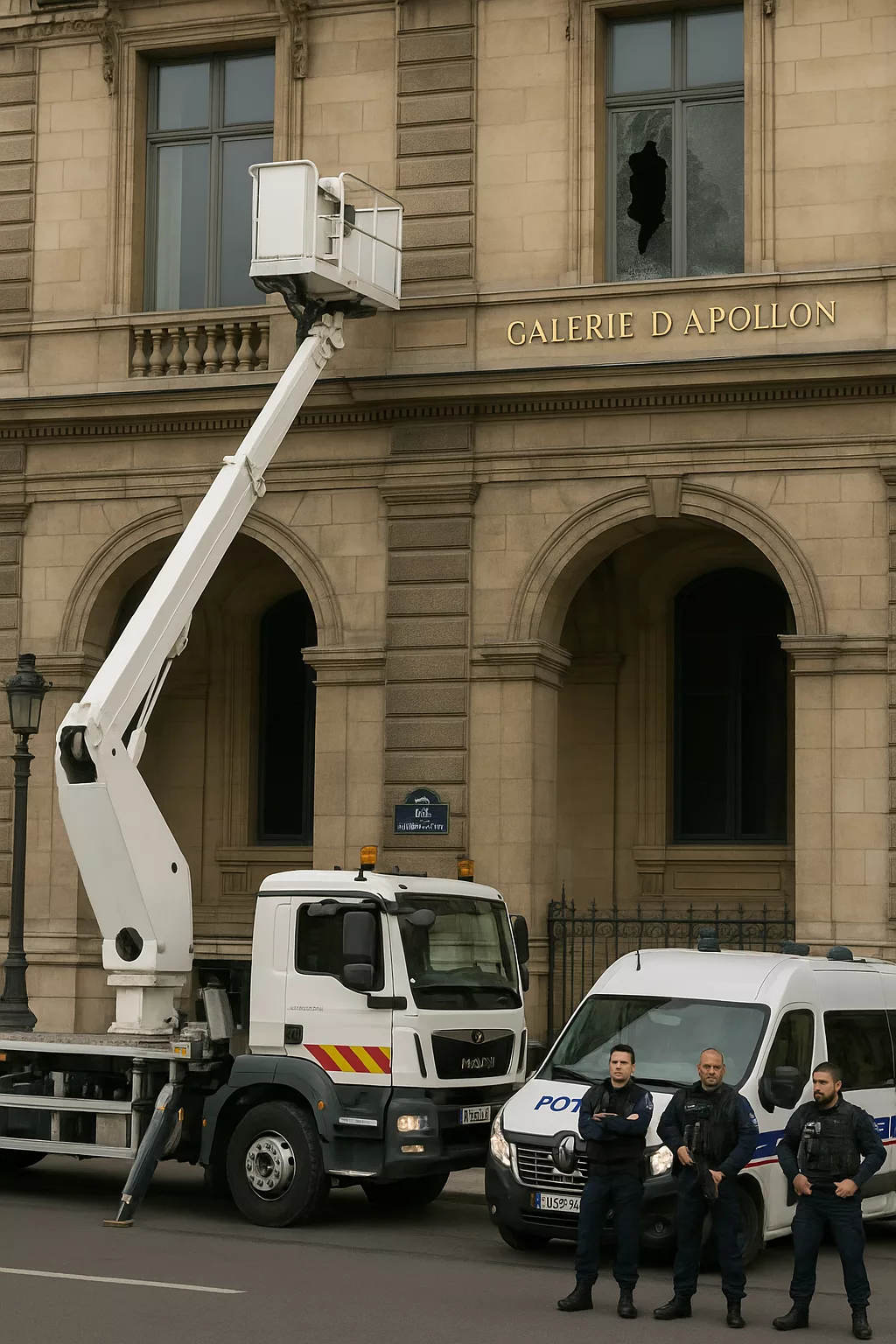 Camion-nacelle et policiers devant la Galerie d’Apollon du Louvre après un braquage ; une fenêtre brisée témoigne de l’effraction.