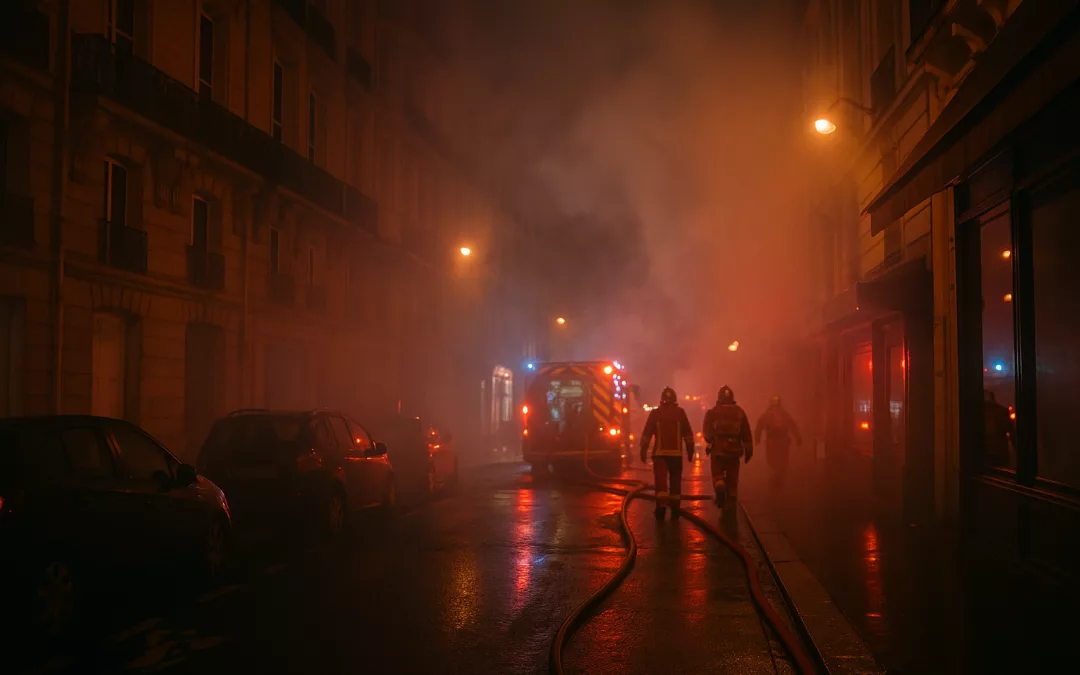 Rue parisienne de nuit enveloppée de fumée, avec des pompiers intervenant devant un incendie, lumière rouge et ambiance dramatique, sans visage visible.