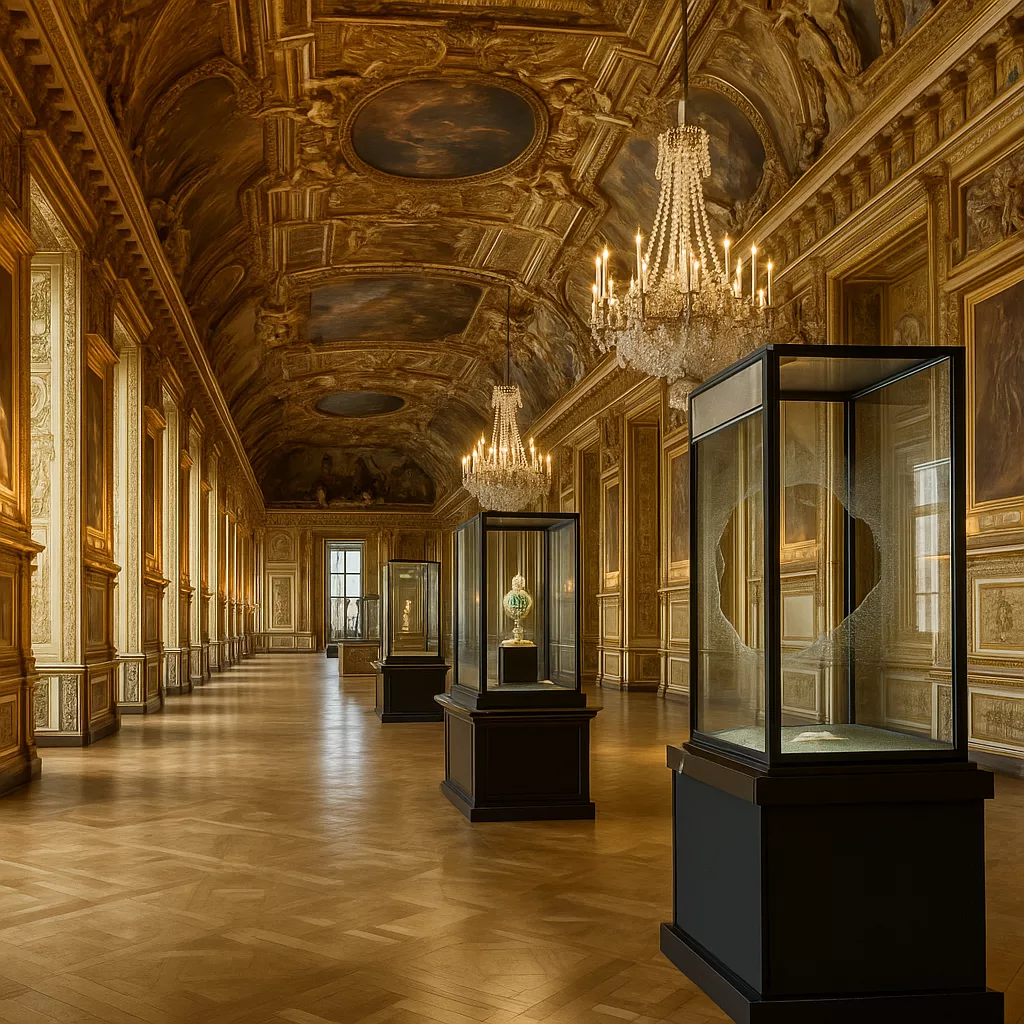 Intérieur de la Galerie d’Apollon au Musée du Louvre, avec des vitrines brisées et une atmosphère dorée et silencieuse après un cambriolage.