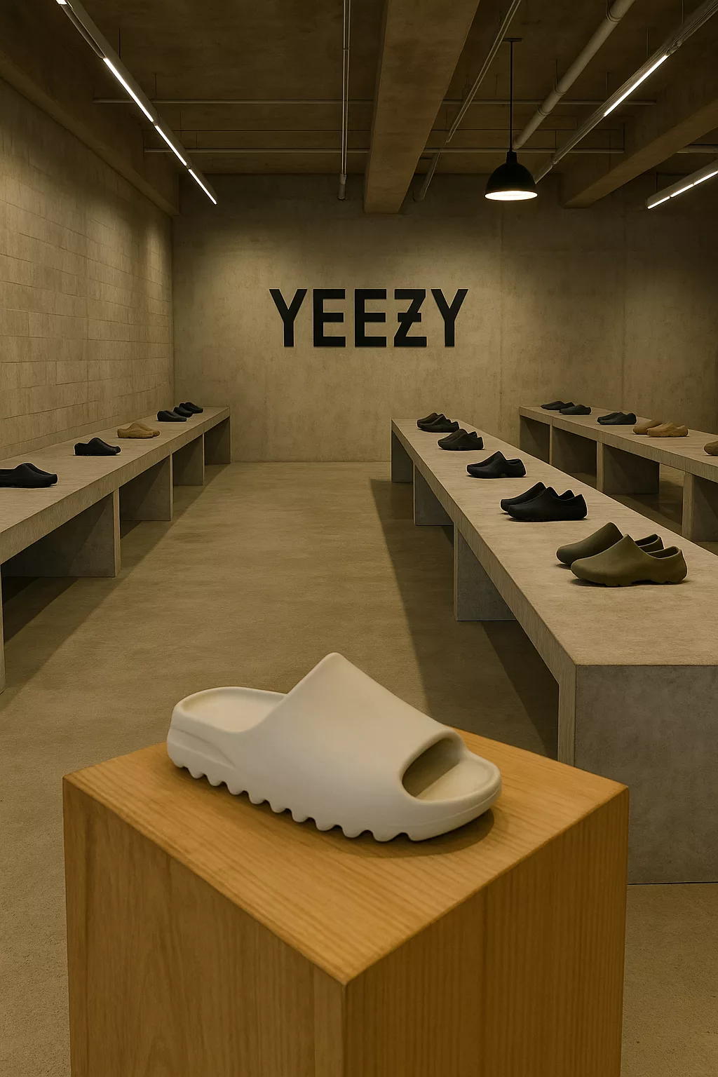 Intérieur minimaliste d’un entrepôt Yeezy, avec des chaussures alignées sur des tables en béton et une lumière douce industrielle.