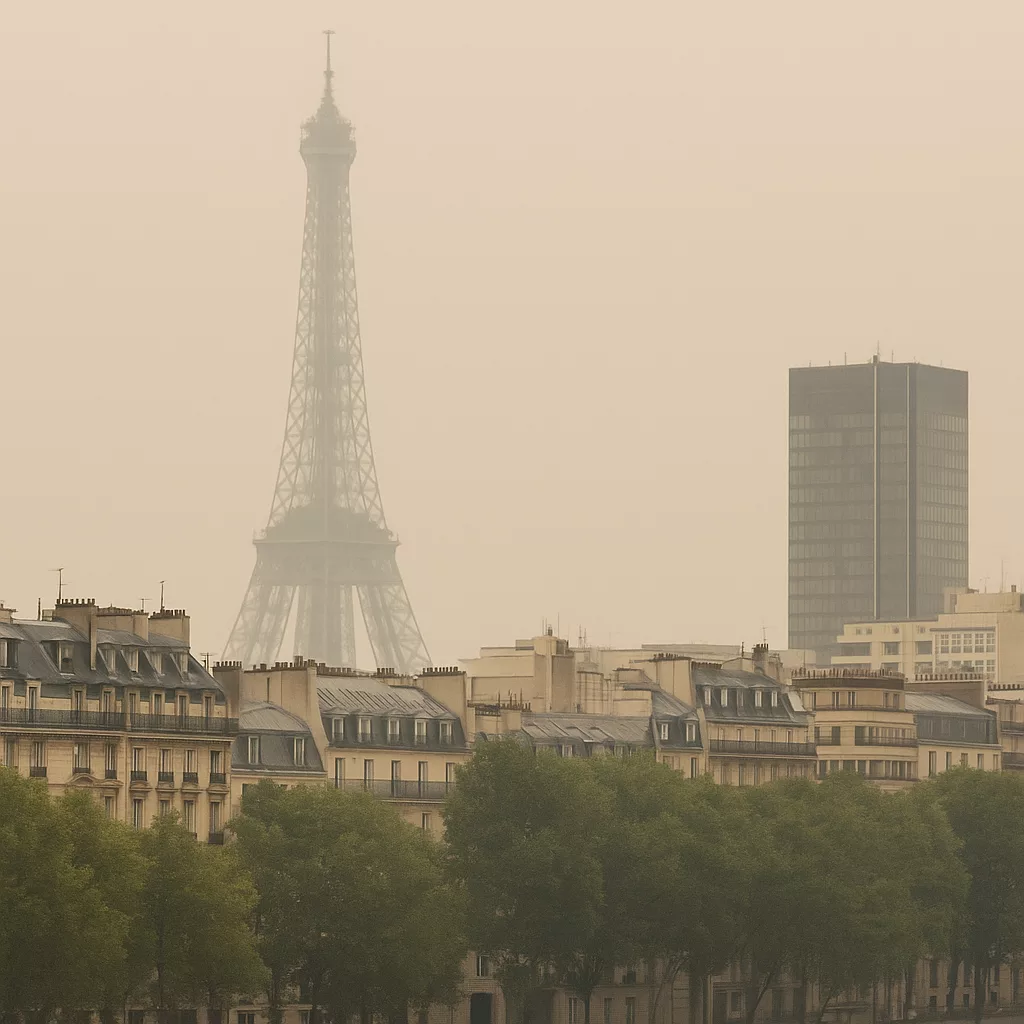 Vue de Paris sous un ciel voilé par la pollution, avec la tour Eiffel à moitié dissimulée dans la brume et les toits haussmanniens au premier plan.