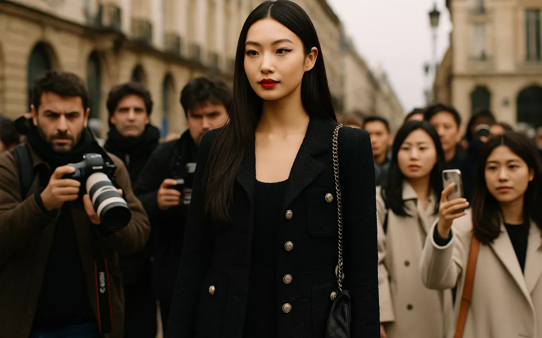 Star asiatique élégante posant dans une rue parisienne entourée de photographes, illustrant l’influence culturelle de l’Asie à Paris.