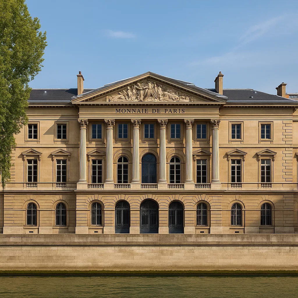 Façade néoclassique de la Monnaie de Paris sur les quais de la Seine, illuminée par une lumière dorée en fin de journée.