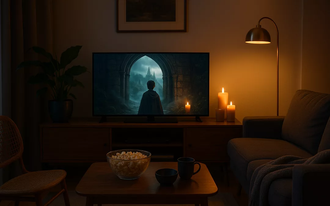 Un salon parisien moderne, éclairé à la lueur chaude des bougies, avec une télévision diffusant une scène de film fantastique où un jeune personnage en manteau observe un château à travers une arche de pierre. Sur la table basse, un bol de pop-corn et deux tasses ajoutent à l’ambiance cosy.
