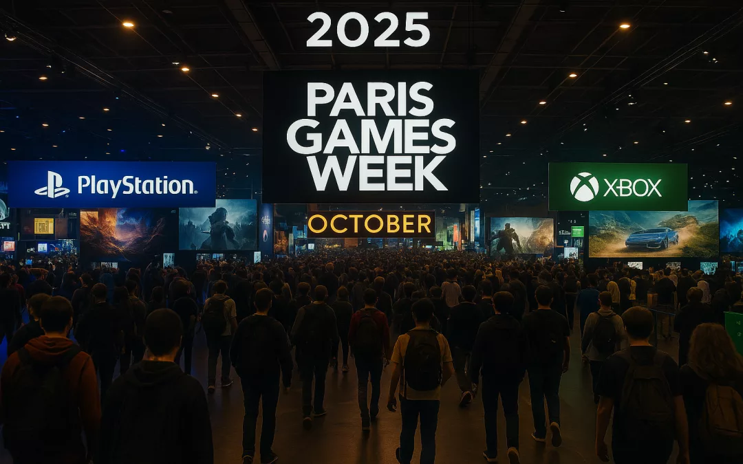Foule de visiteurs à la Paris Games Week 2025 dans le hall du Paris Expo Porte de Versailles, entourée de grands stands lumineux de marques de jeux vidéo, écrans géants et ambiance immersive aux lumières colorées.