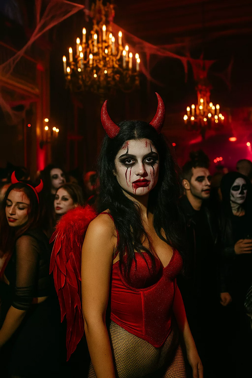Jeunes fêtards costumés défilant dans une rue parisienne illuminée de néons orange et violets pendant la soirée d’Halloween.