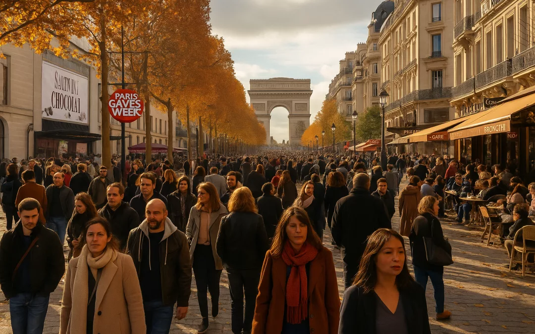 Promeneurs sur les quais de Seine un week-end d’automne à Paris, entre feuilles dorées et ambiance urbaine chaleureuse.