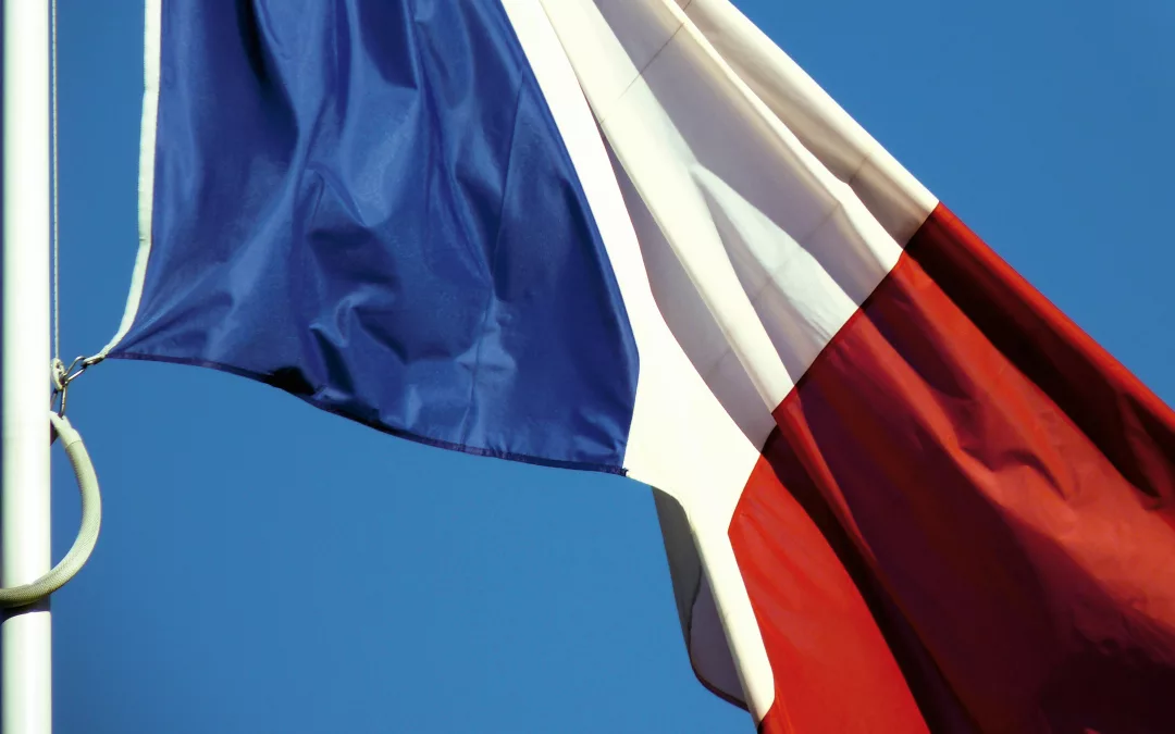 Drapeau français flottant au vent sous un ciel bleu, symbole de la République et des institutions nationales.