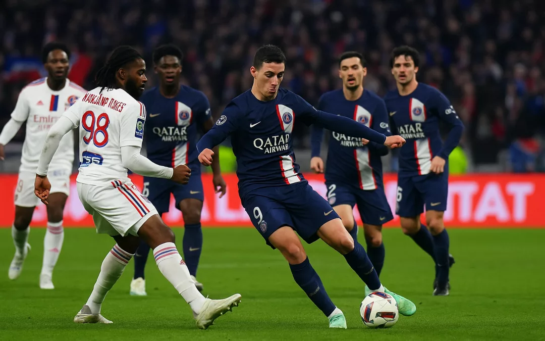 Match entre l’Olympique Lyonnais et le Paris Saint-Germain au Groupama Stadium, de nuit, avec des joueurs en action et les tribunes pleines.