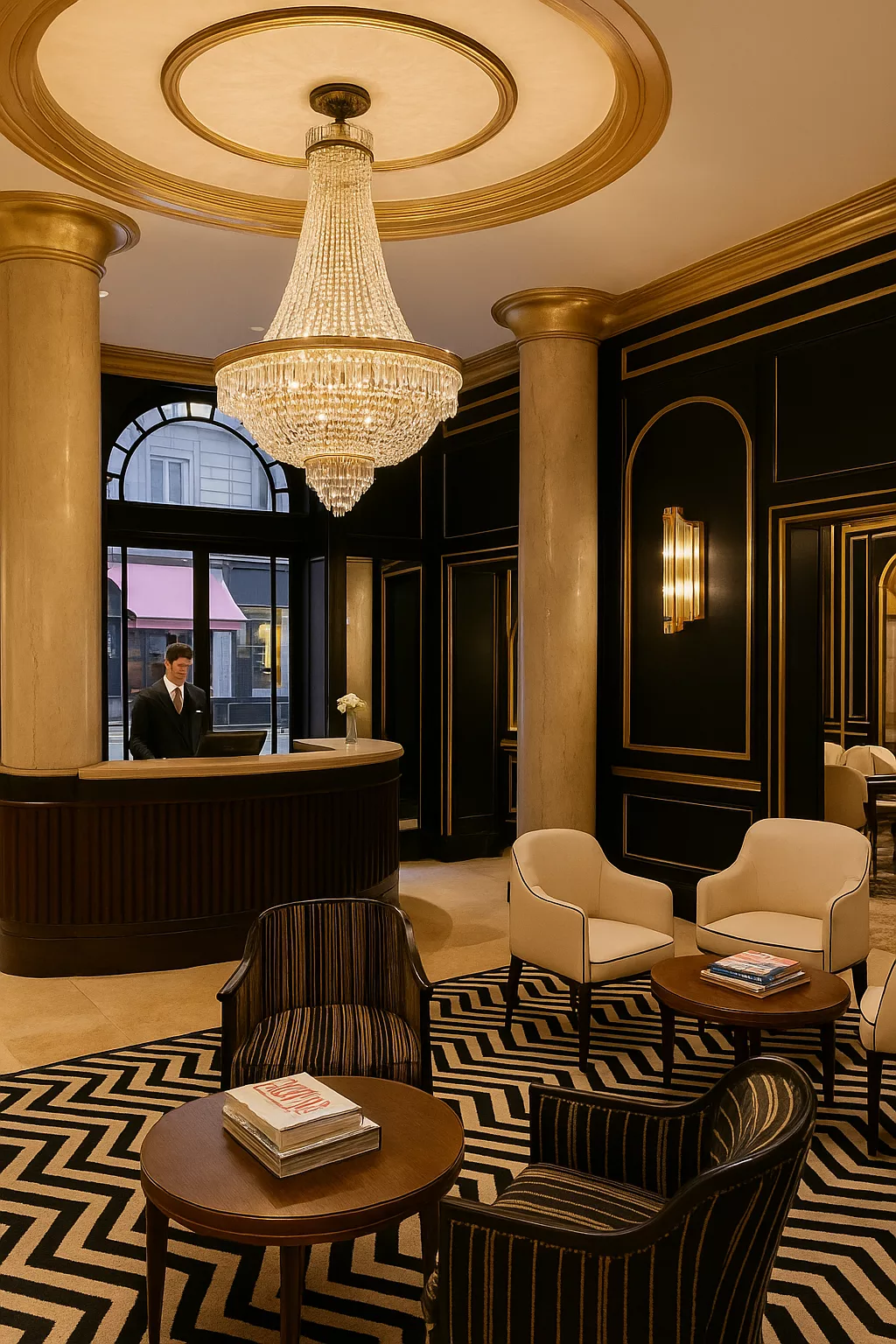 Hall d’hôtel parisien de style Art déco avec mobilier géométrique, lumières chaudes et décor architectural des années 1920.