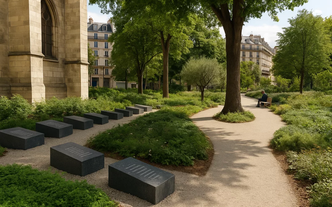 Vue du Jardin du souvenir du 13 novembre à Paris, avec blocs commémoratifs en granit et allées végétalisées sous de grands arbres.