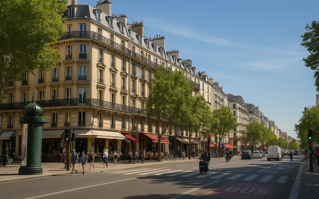 Vue réaliste d’une rue du 11ᵉ arrondissement de Paris, avec immeubles haussmanniens, terrasses de cafés, passants et circulation sur un large boulevard ensoleillé.
