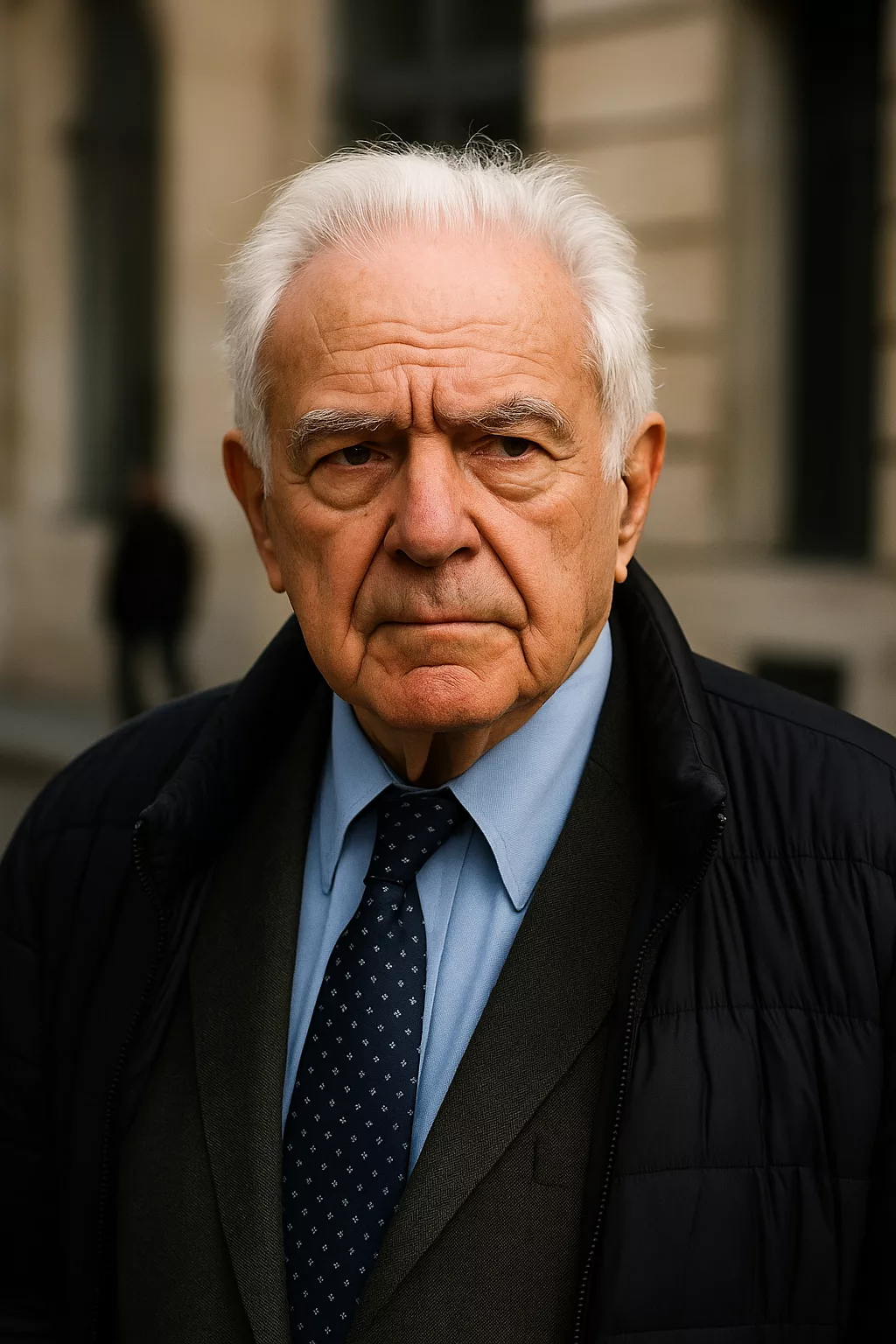 Portrait serré d’un homme âgé en extérieur, vêtu d’une chemise bleue et d’une veste sombre, photographié dans une rue parisienne.