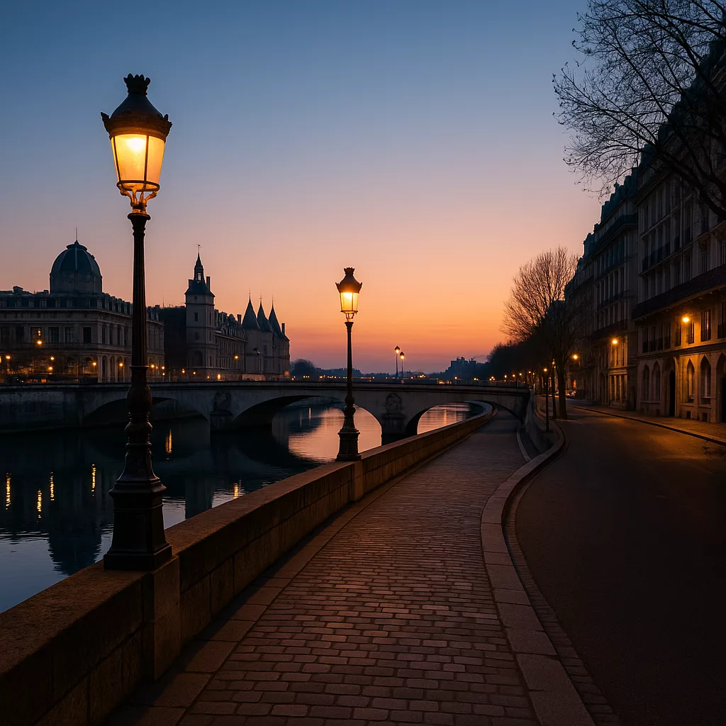 Quais de Paris au lever du jour, avec les lampadaires allumés, la Seine calme et le ciel orangé de l’aube.