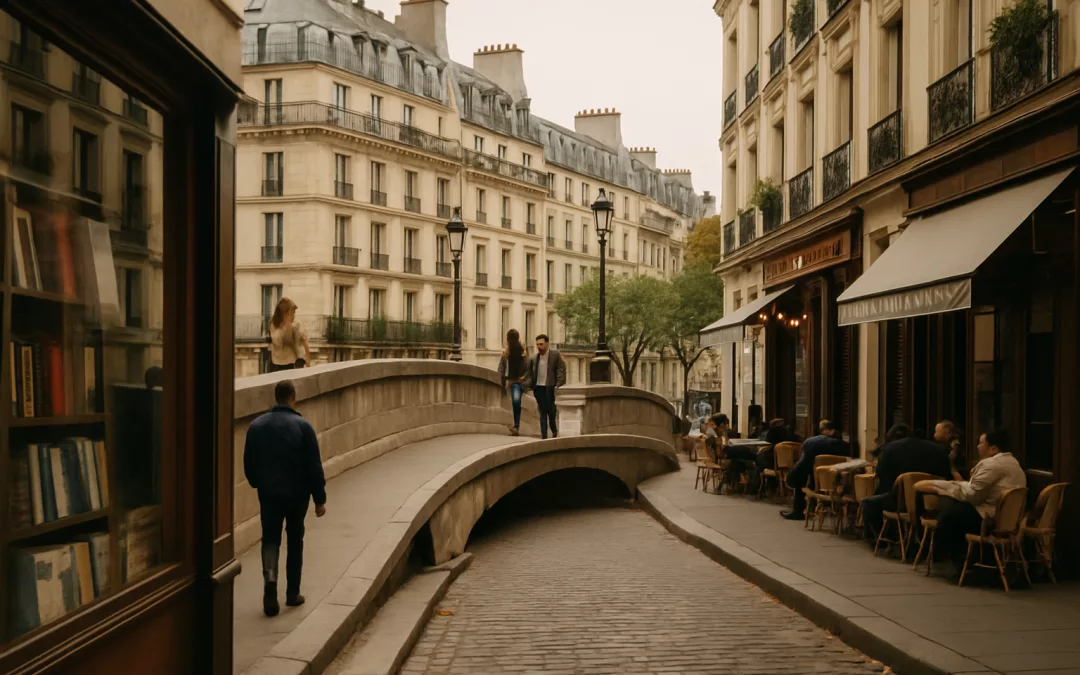 Rue parisienne avec immeubles haussmanniens, petit pont en pierre, café en terrasse et passants en balade.