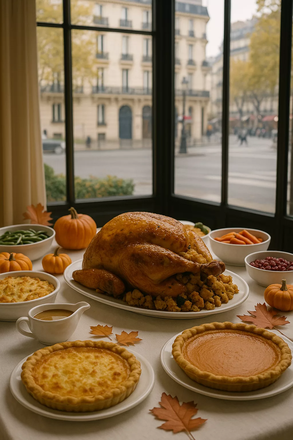 Repas de Thanksgiving installé devant une fenêtre donnant sur une rue parisienne, avec dinde, tartes et légumes d’automne.