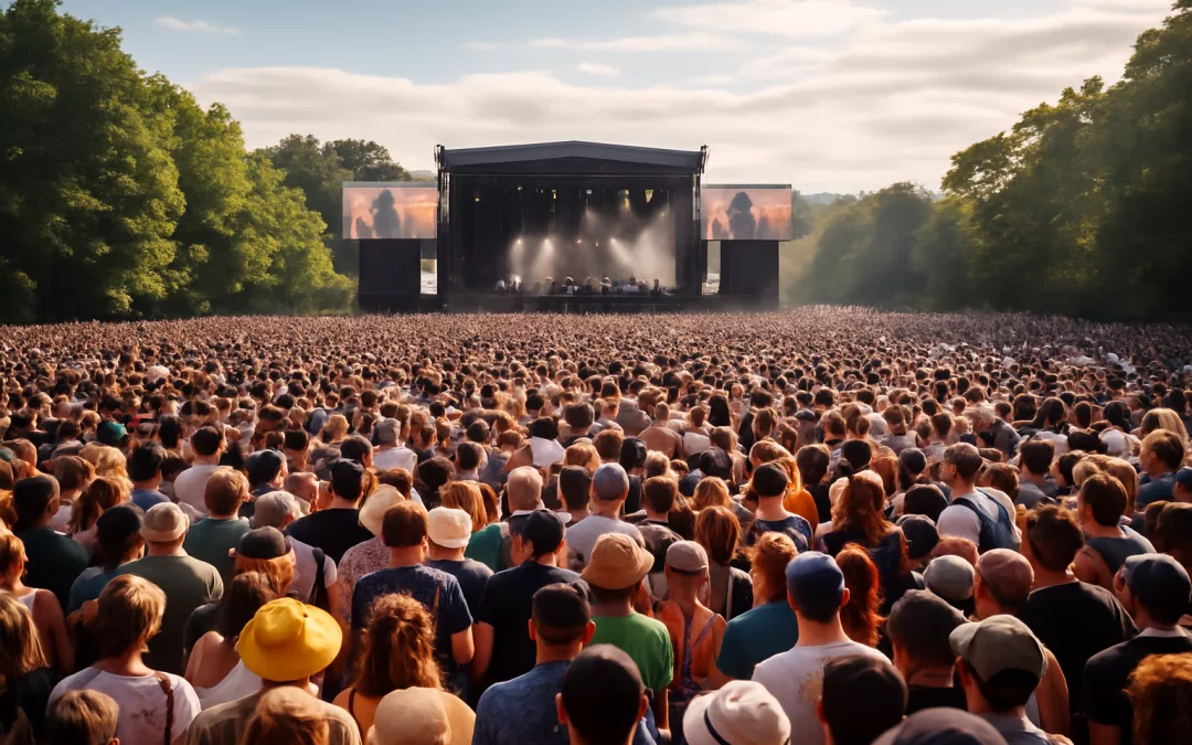 Foule dense devant une grande scène en plein air lors d’un festival musical estival, entourée d’arbres et baignée d’une lumière chaude.