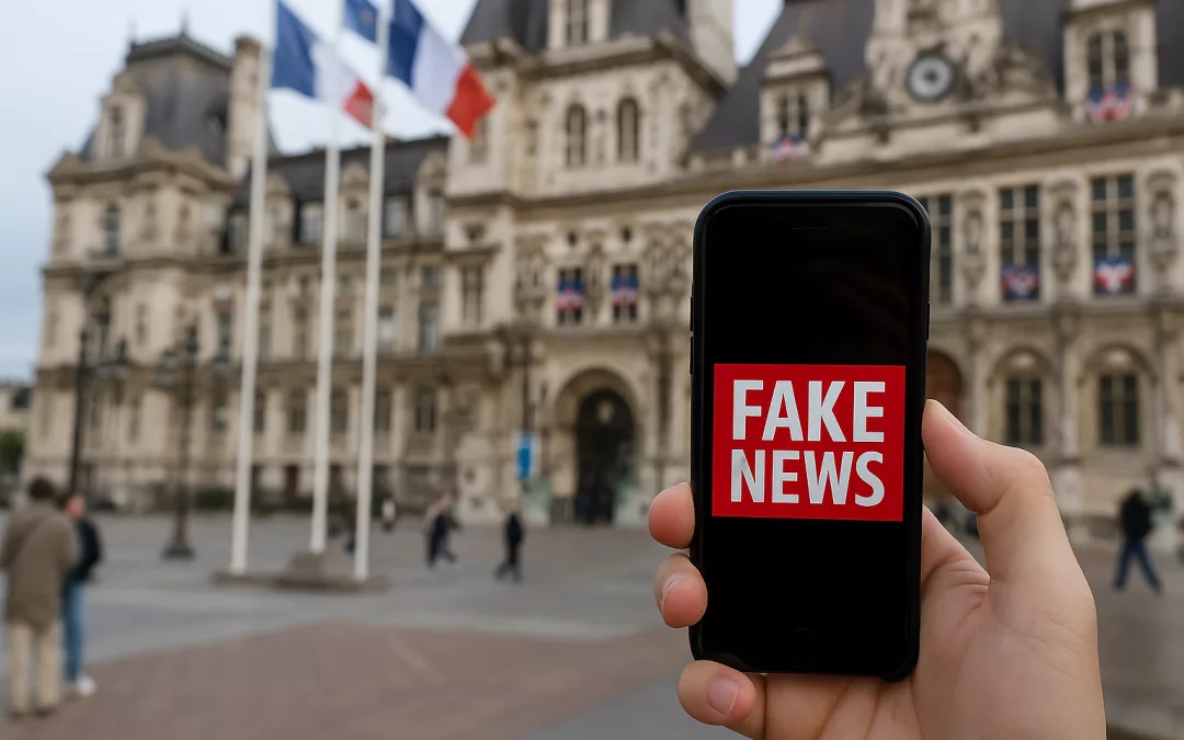 Smartphone tenu devant l’Hôtel de Ville de Paris illustrant le thème de la désinformation.