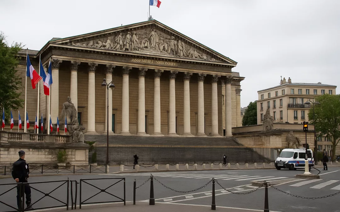 Façade de l’Assemblée nationale à Paris, photographiée en journée, avec drapeaux français et présence policière.