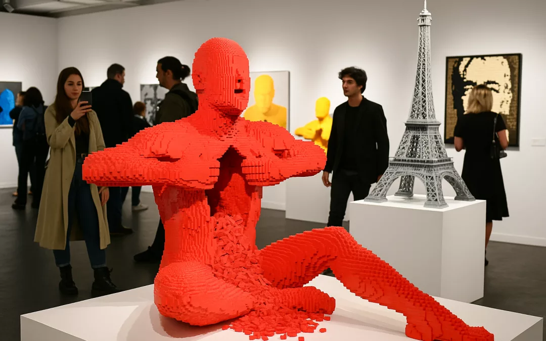 Sculpture humaine rouge en LEGO exposée dans une galerie parisienne, avec une reproduction de la tour Eiffel en briques et des visiteurs observant les œuvres.