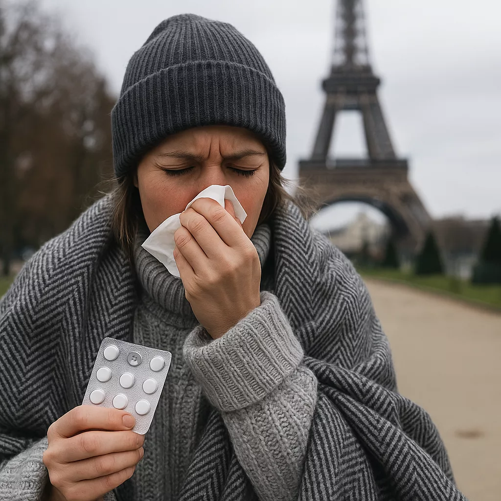Femme emmitouflée devant la tour Eiffel, visage fatigué et mouchoir à la main, illustrant l’épidémie de grippe 2025 à Paris.