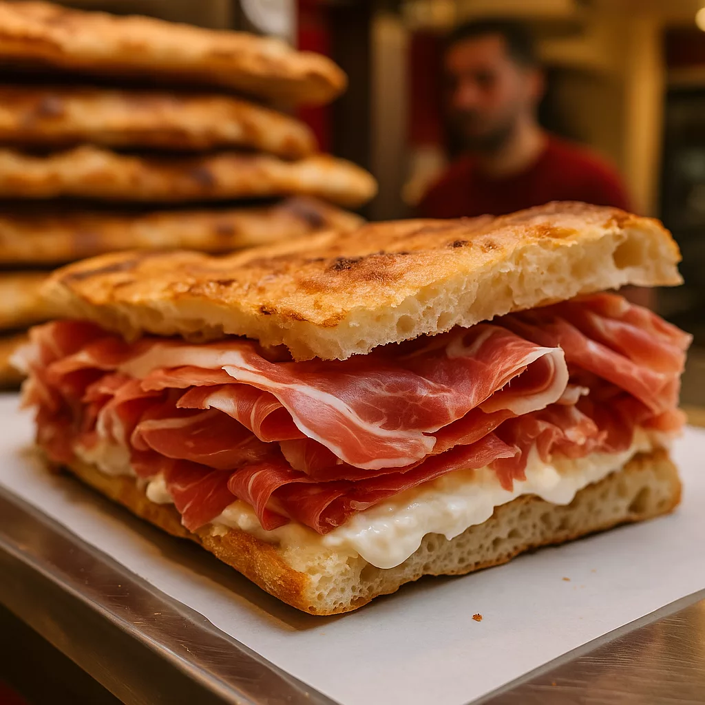 Un sandwich italien typique composé de schiacciata dorée, garni de jambon cru et de fromage fondant, photographié dans une ambiance chaleureuse de bistrot.
