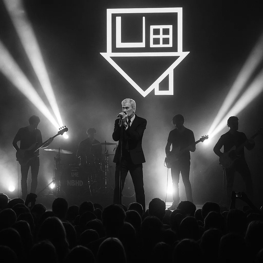 Un concert en noir et blanc de The Neighbourhood à Paris, avec Jesse Rutherford chantant sous des faisceaux lumineux et une foule envoûtée.