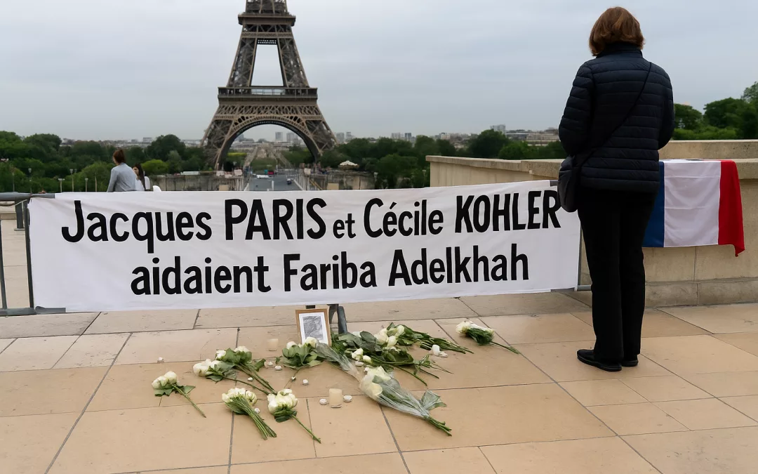 Vue réaliste d’un mémorial improvisé à Paris, près de la tour Eiffel, avec des fleurs blanches et des bougies posées sur le sol en hommage à deux citoyens français détenus en Iran.