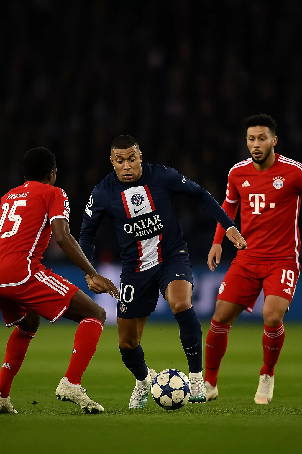 Photographie réaliste d’un match entre le Paris Saint-Germain et le Bayern Munich au Parc des Princes, montrant un joueur parisien dribblant entre deux défenseurs bavarois sur une pelouse éclatante sous les projecteurs.