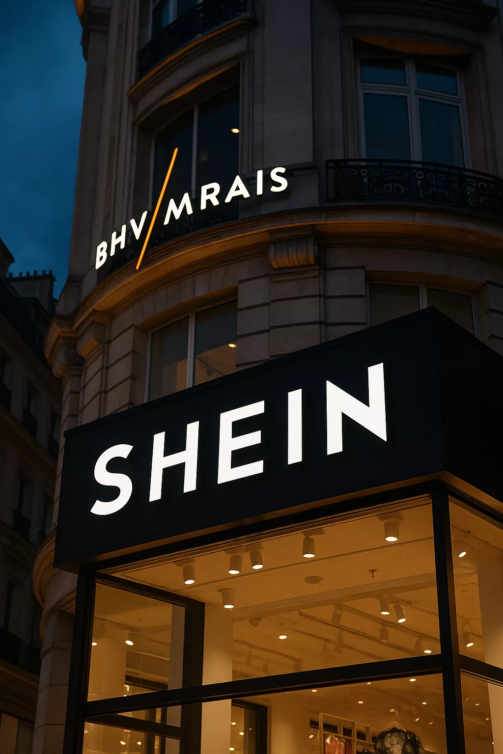 Façade du BHV Marais à Paris, avec l’enseigne SHEIN illuminée au crépuscule, dans une atmosphère urbaine animée.