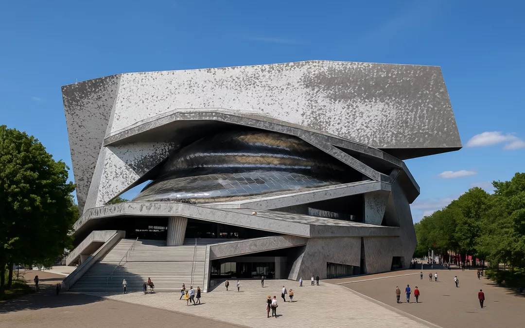 Façade monumentale de la Philharmonie de Paris au crépuscule, architecture métallique de Jean Nouvel reflétant la lumière urbaine.
