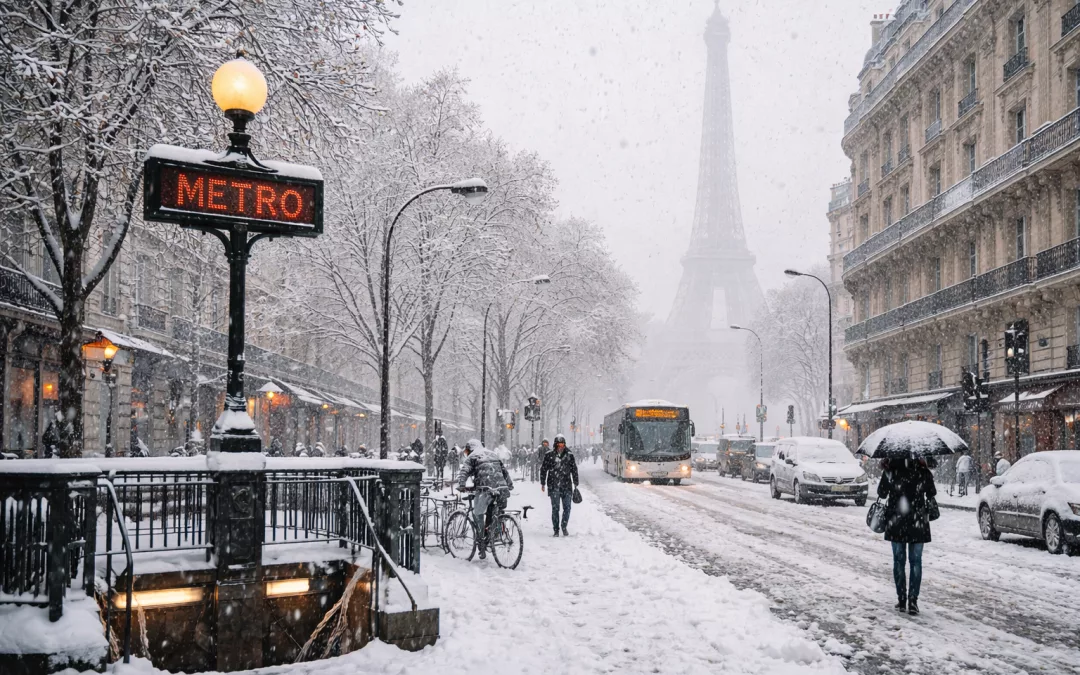 Rue parisienne enneigée avec circulation ralentie, bâtiments haussmanniens et chute de neige visible, scène hivernale sans visages identifiables.