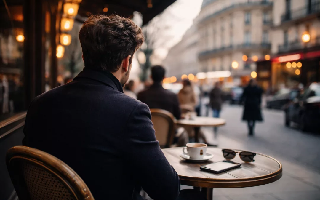 Homme vu de dos assis à la terrasse d’un café parisien, ambiance urbaine élégante et discrète, scène de vie quotidienne sans visage visible.