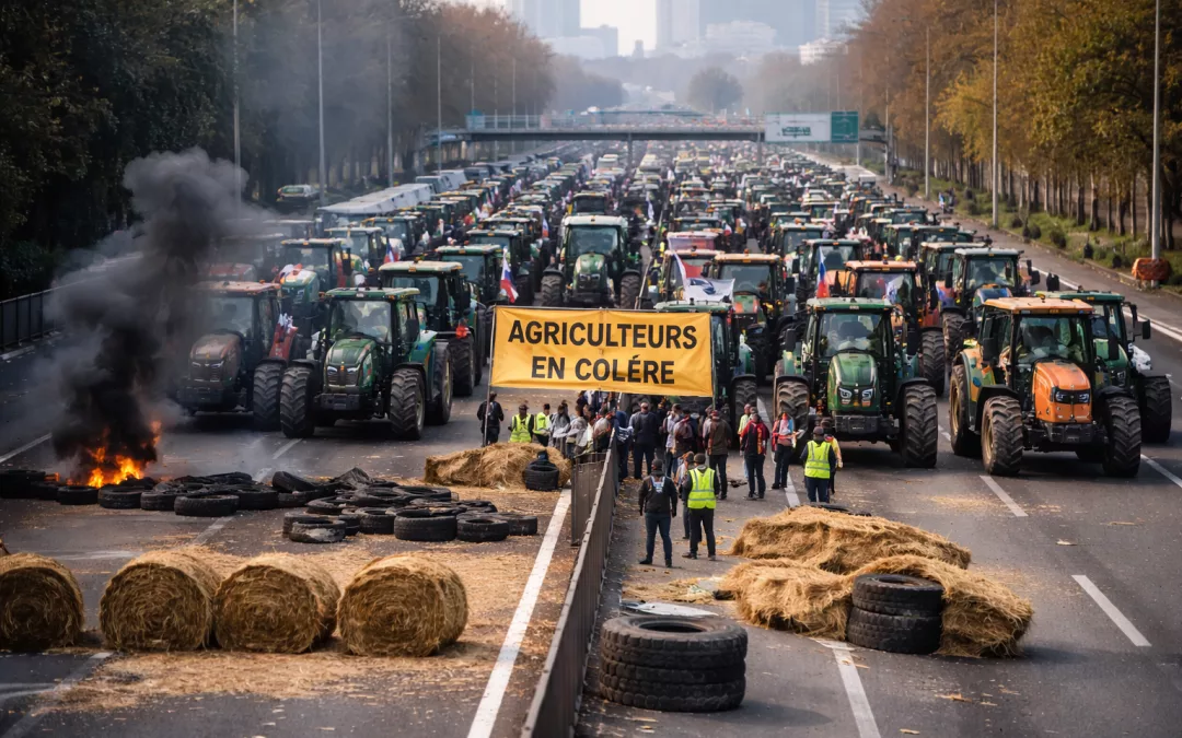 Tracteurs agricoles alignés bloquant un axe routier majeur, ballots de paille sur la chaussée et circulation à l’arrêt, scène de mobilisation sans visages visibles.