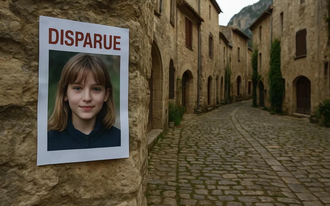 Affiche de disparition montrant une jeune fille sur un mur en pierre dans une ruelle ancienne en pavés d’un village médiéval désert.