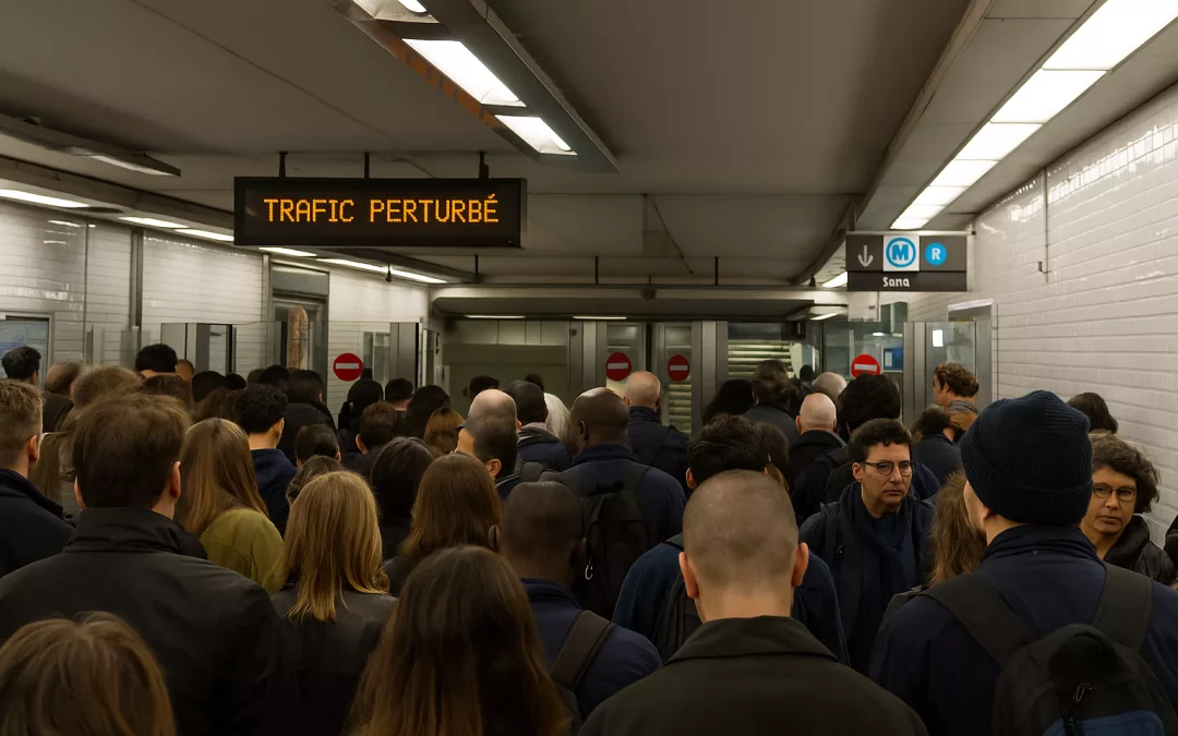 Plateforme de métro parisien bondée, voyageurs attendant un train dans une ambiance tendue — visuel d’une grève RATP