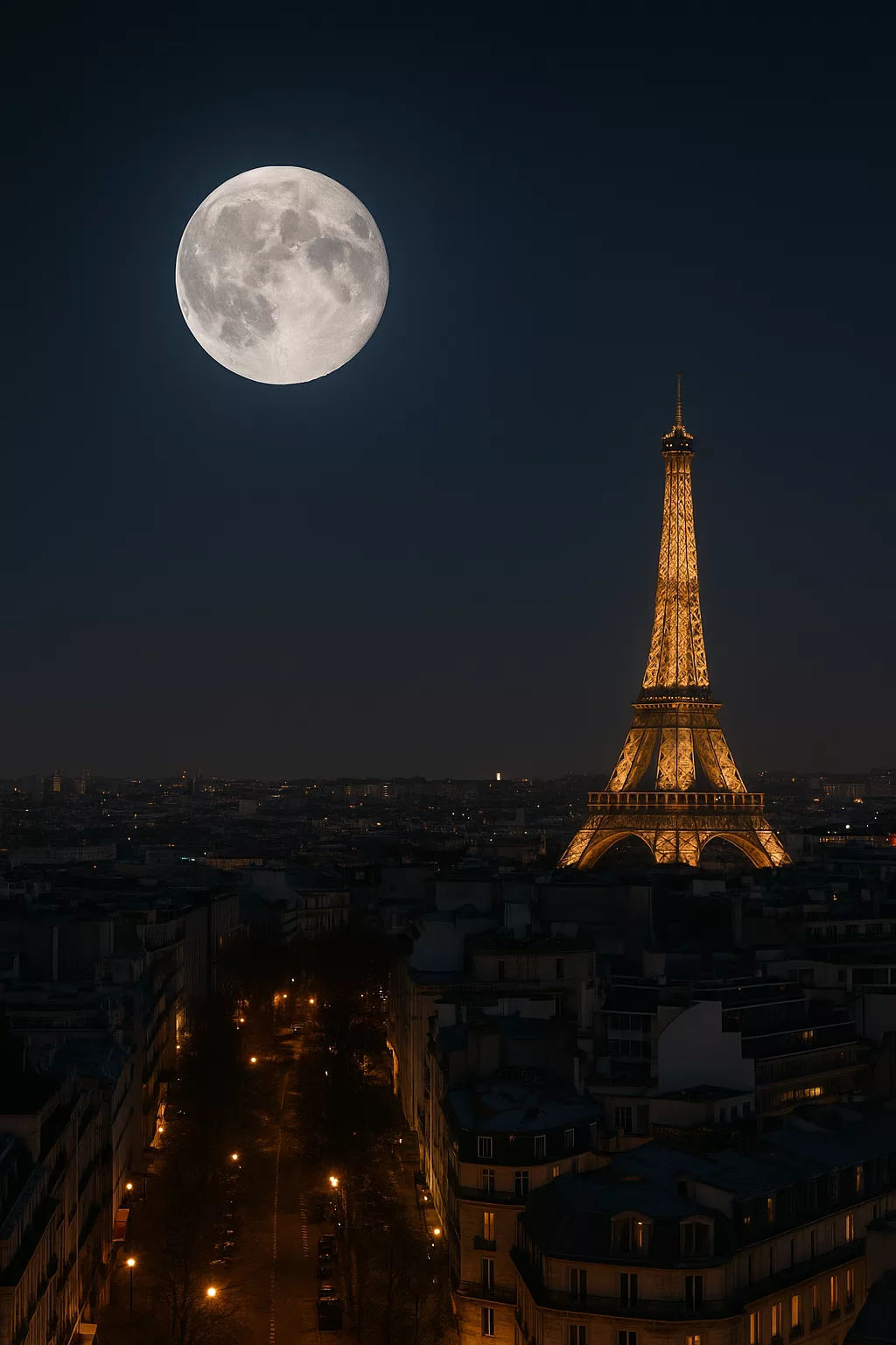 Vue nocturne de Paris avec la pleine lune lumineuse au-dessus de la ville et la tour Eiffel éclairée se détachant sur le ciel sombre.