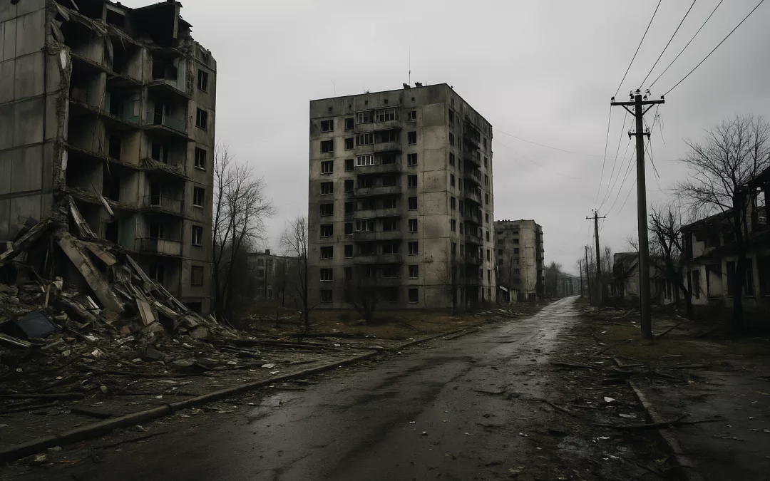 Immeubles détruits dans une ville ukrainienne touchée par la guerre, rue vide et bâtiments en ruine.