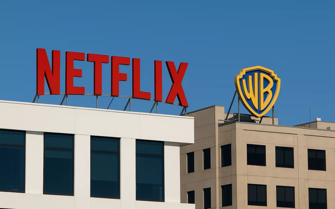 Image réaliste d’un studio de cinéma moderne avec projecteurs allumés, décors hollywoodiens et atmosphère professionnelle faisant référence au rachat de Warner Bros Discovery par Netflix.